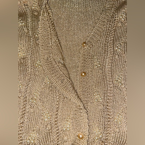 Women’s MAGNOLIA tan vintage pearls beaded knitted cardigan‎ pearls Size small - Picture 8 of 12